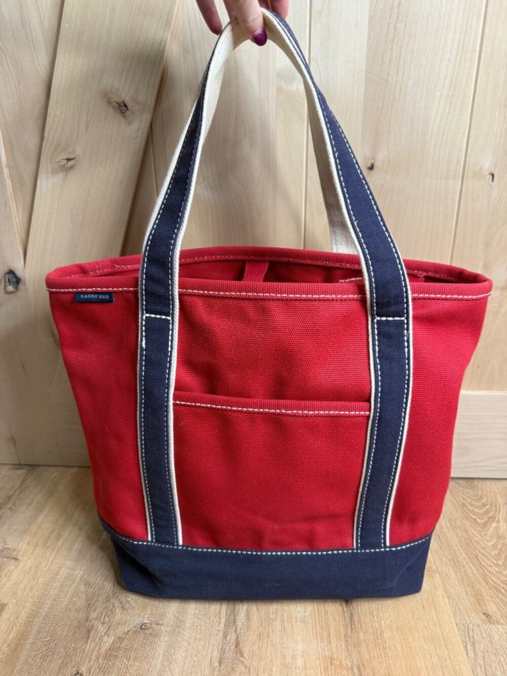 Lands End Canvas Tote Bag Red/Blue Medium